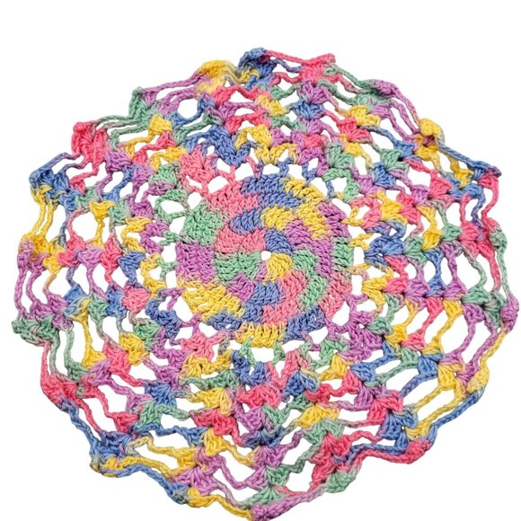 Handmade Vintage Crochet Doilies Pastel Rainbow Cotton Grandma Chic Lot of 3 - Picture 2 of 5